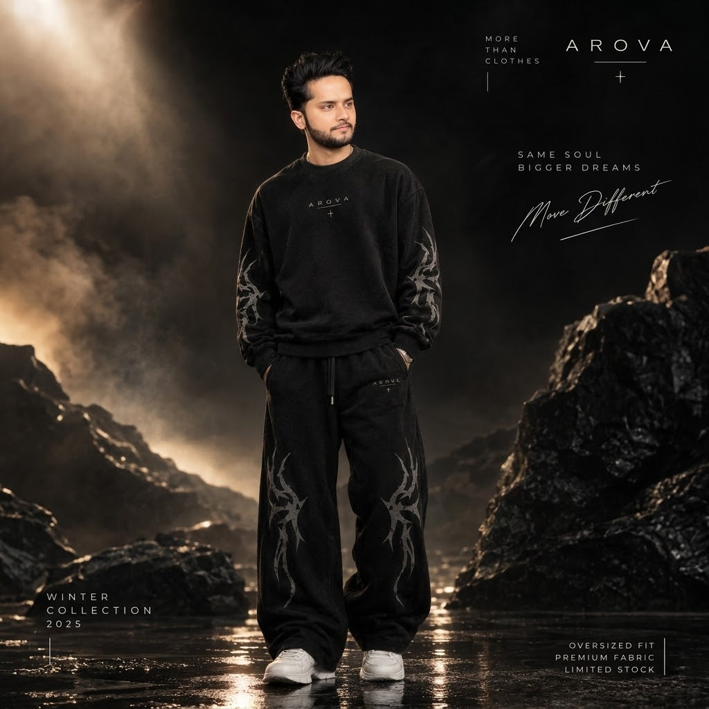 AROVA "Vintage Acid Wash Tribal Graphic" | Oversized Tracksuit Set | Charcoal Black