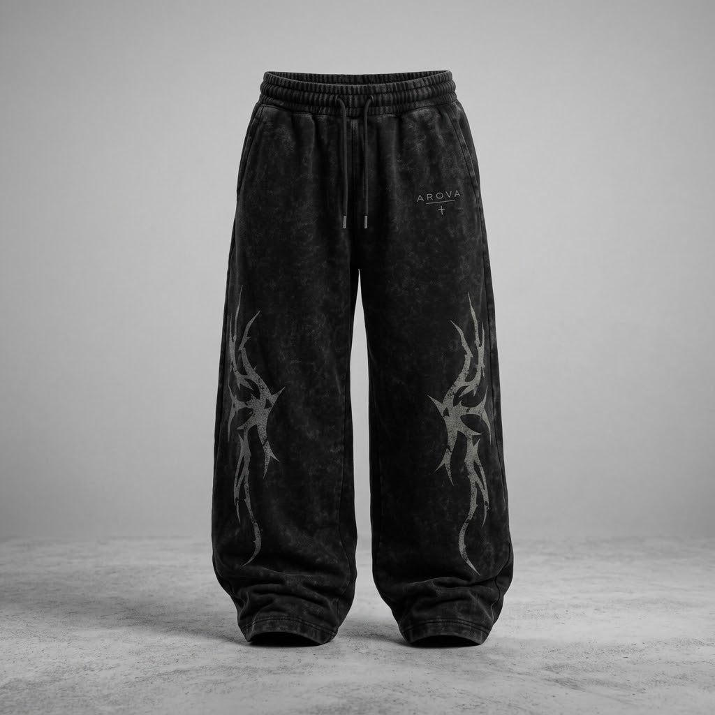 AROVA "Vintage Acid Wash Tribal Graphic" | Oversized Tracksuit Set | Charcoal Black